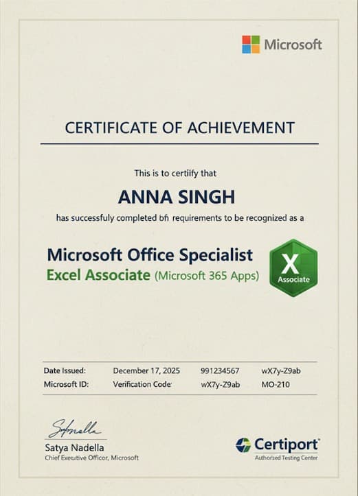 Microsoft Office Specialist Excel Associate certificate